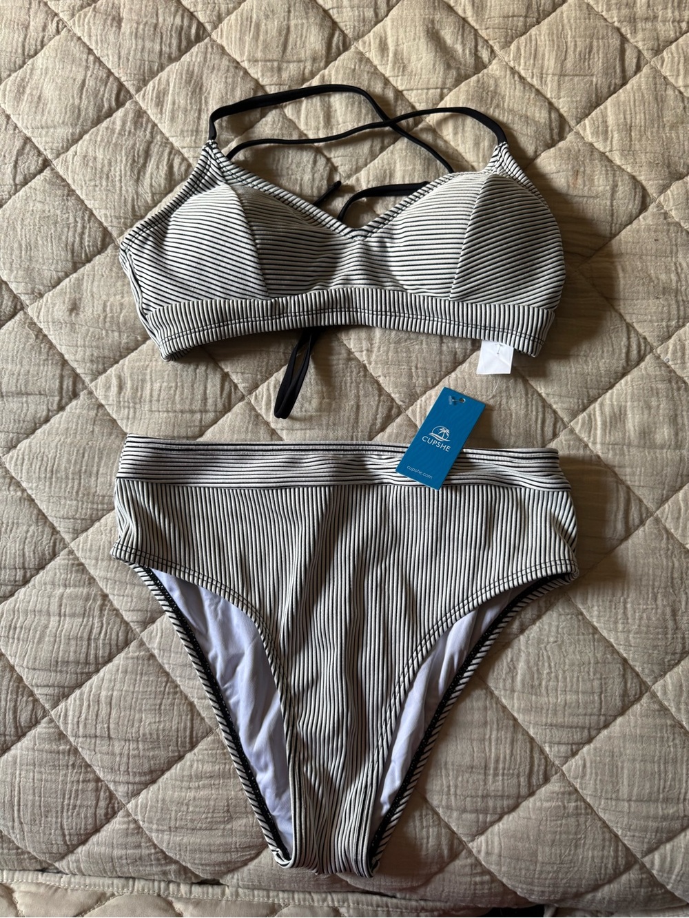 Cupshe Black & White Pinstripe High-Waist Bikini